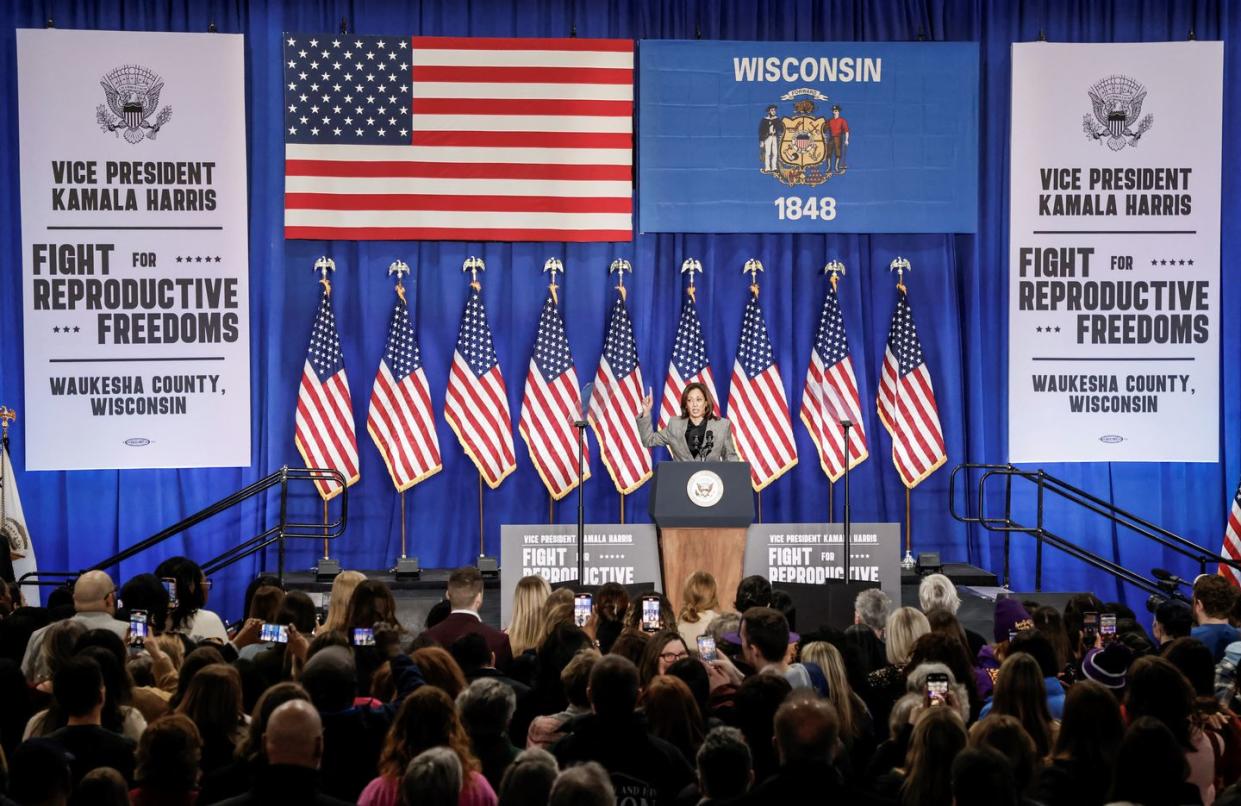 us vice president kamala harris speaks at her fight for reproductive freedoms tour at the international union of painters and allied trades district council 7 in big bend, wisconsin, on january 22, 2024 vice president kamala harris is traveling to wisconsin on monday to kick off her nationwide fight for reproductive freedoms tour to demand federal lawmakers to restore roe v wade photo by tannen maury afp photo by tannen mauryafp via getty images