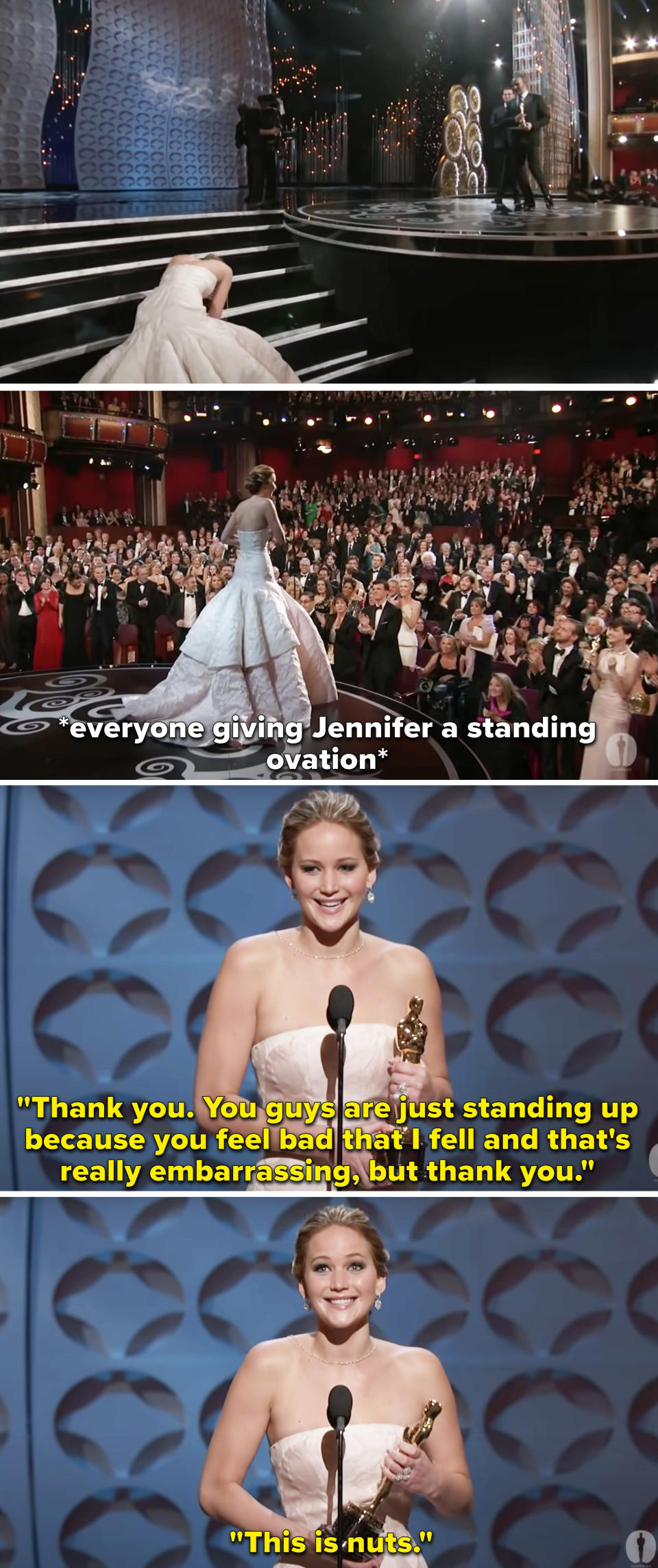 Jennifer says that people are standing up because she fell and it's embarrassing