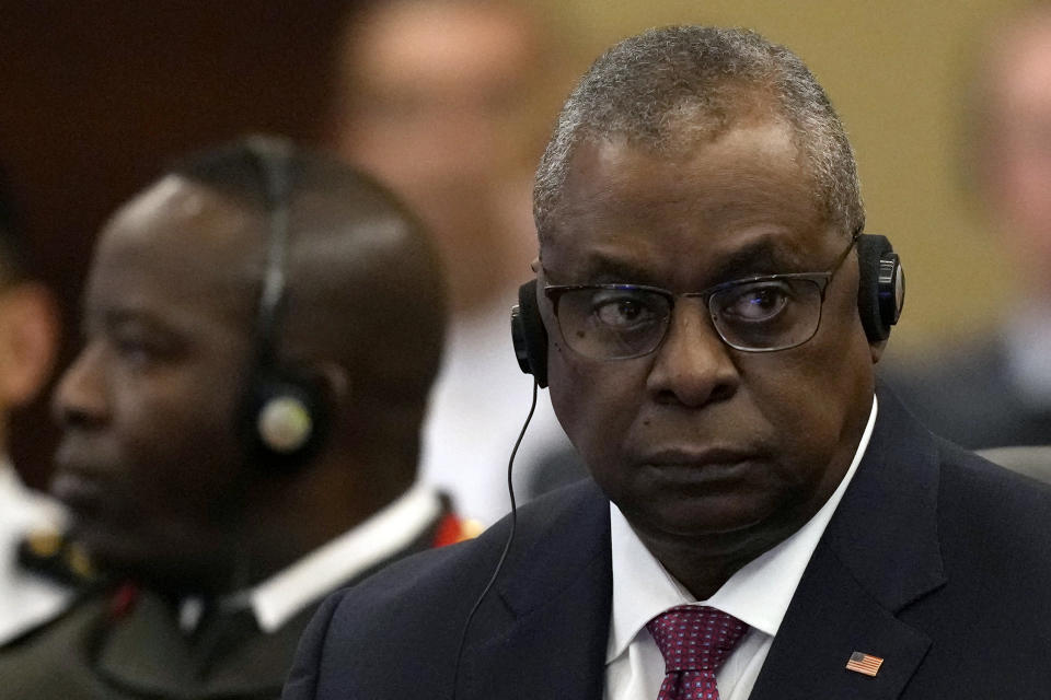 FILE - Secretary of Defense Lloyd Austin at the XV Conference of Defense Ministers of the Americas, in Brasilia, Brazil, July 26, 2022. Marine Gen. Michael Langley, who made history on Saturday when he became the first African American in the Marine Corps to be promoted to four-star general, took over as the top U.S. commander for Africa on Tuesday, heading U.S. military operations on a continent with some of the most active and dangerous insurgent groups. Austin, who is the first African American to serve as Pentagon chief, said that young Marines around the world are watching Langley. (AP Photo/Eraldo Peres)