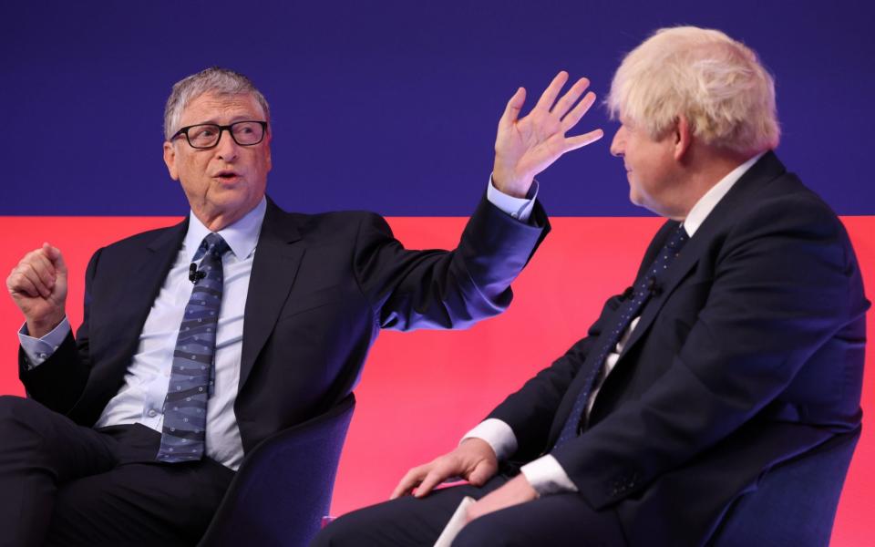 Bill Gates and Boris Johnson in a panel discussion, chaired by Allegra Stratton, ahead of Cop26 in a couple of weeks - Hollie Adams/Bloomberg