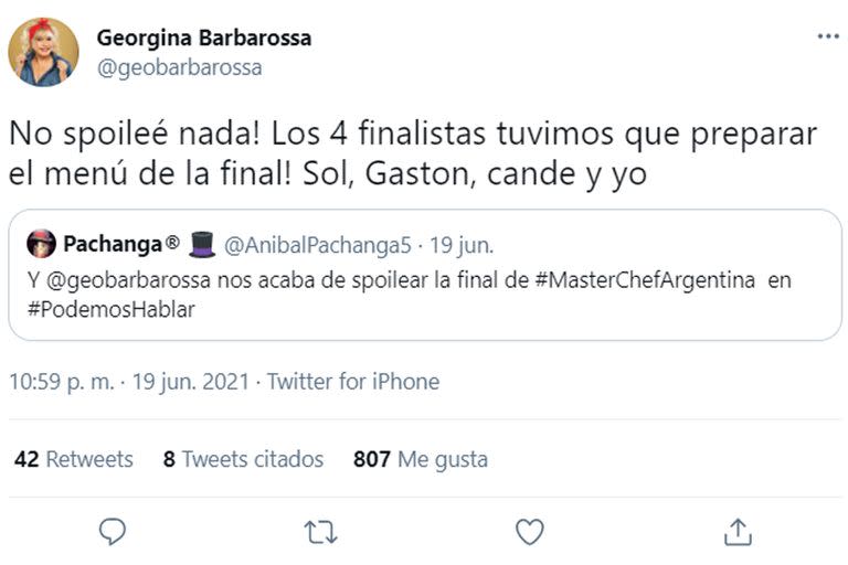 Georgina Barbarossa le respondió a un seguidor que la acusó de anticipar la supuesta final de MasterChef Celebrity