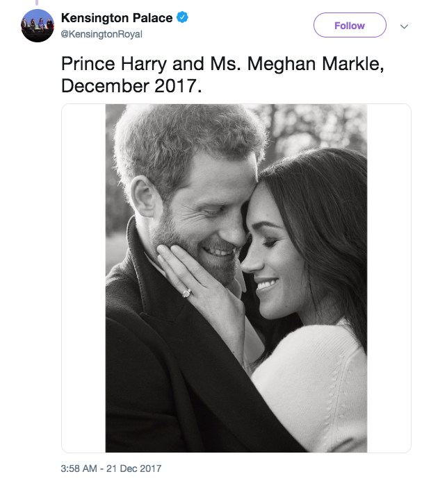Meghan actually wore a white cashmere sweater by VB in one of her engagement photos with Prince Harry. Photo: Twitter/KensingtonRoyal