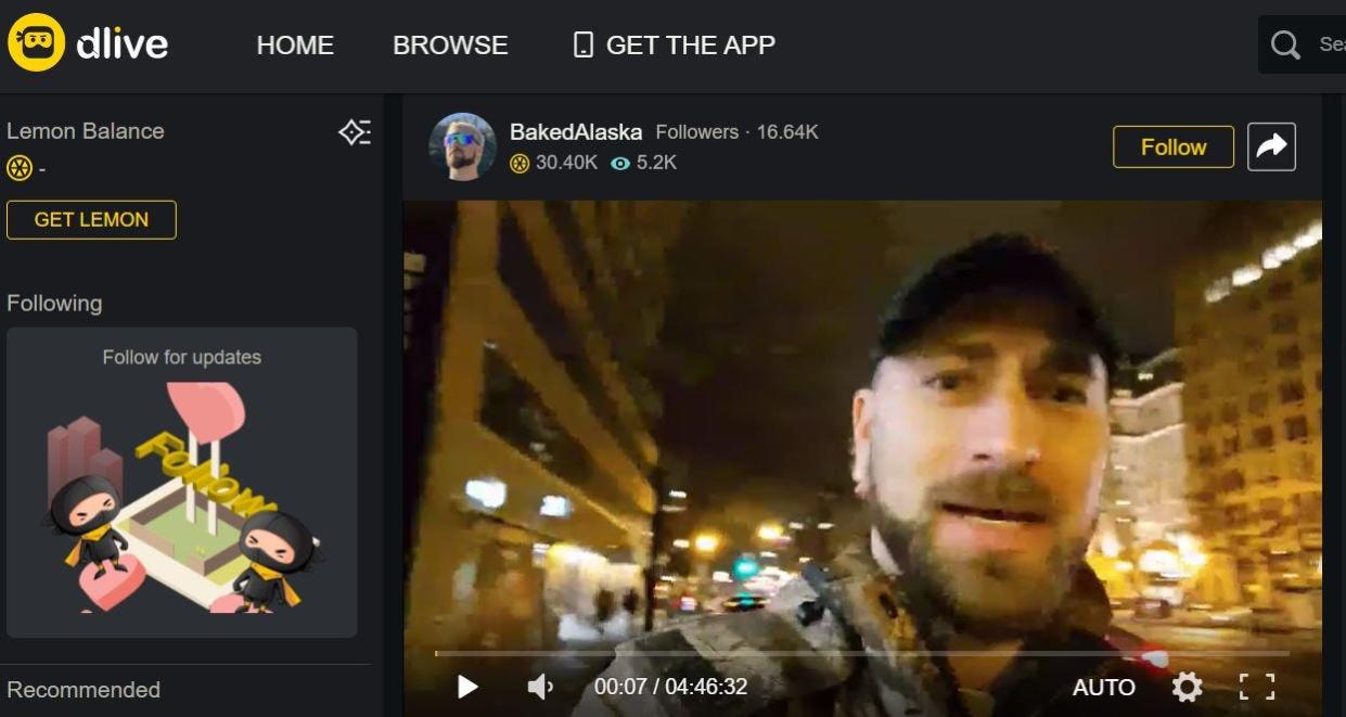 Tim "Baked Alaska" Gionet livestreams from Washington, D.C., on Jan. 5, 2021, the night before the U.S. Capitol riot.