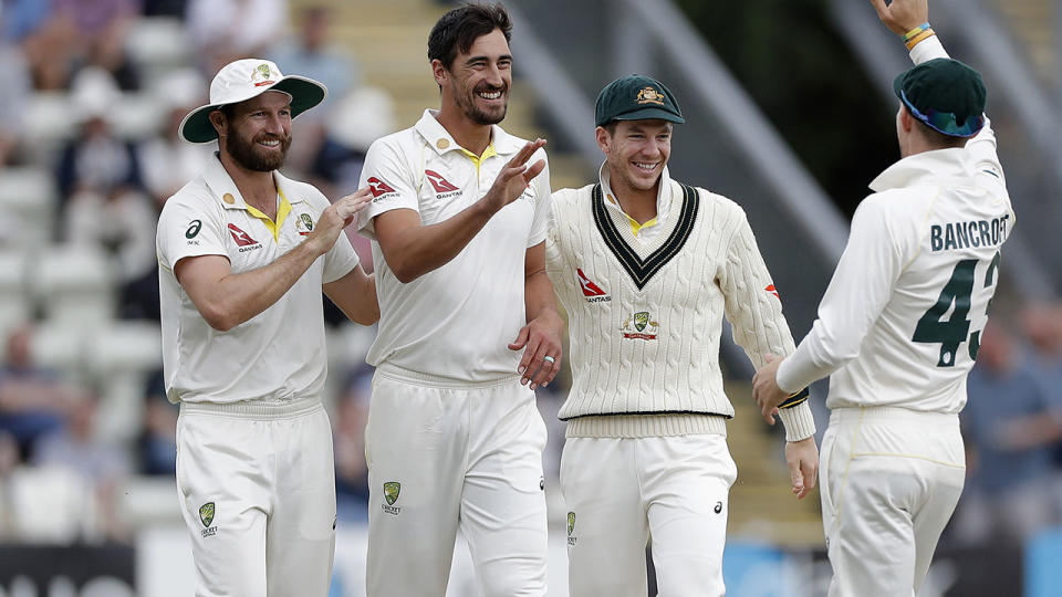 Mitchell Starc celebrates the wicket of Josh Dell in Australia's tour game. (Photo by Ryan Pierse/Getty Images)
