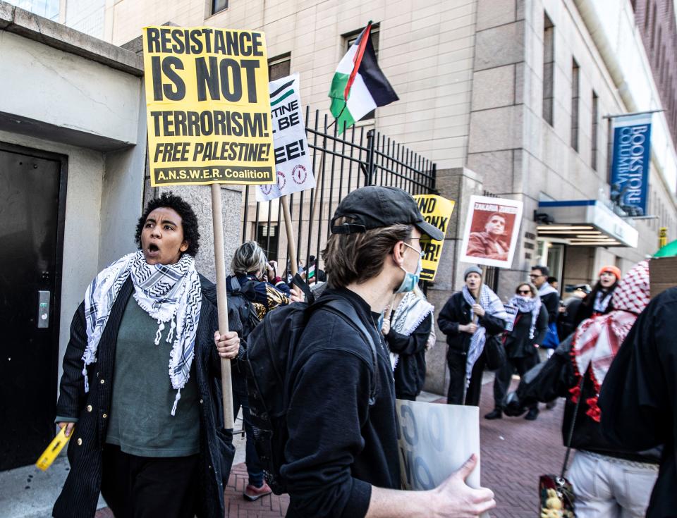 Protestors demonstrate outside Columbia University in Manhattan on Monday, April 22, 2024.