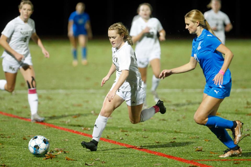 North Kingstown's Bella Cambio tries to make something happen in the waning minutes of Tuesday's RIIL Girls Soccer Semifinal at Rhode Island College.