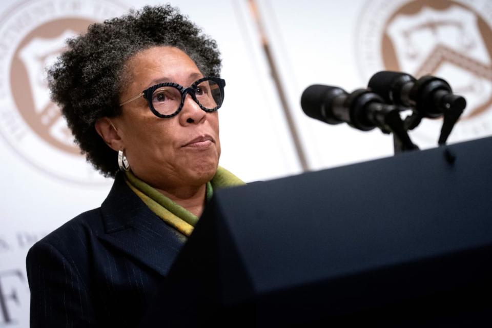 Secretary of Housing and Urban Development Marcia Fudge speaks on Oct. 4, 2022 during the Freedmans Bank Forum at the U.S. Treasury Department in Washington, D.C. (Photo by Stefani Reynolds / AFP) (Photo by STEFANI REYNOLDS/AFP via Getty Images)