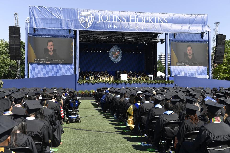 Ukrainian President Volodymyr Zelensky addresses the graduating class of Johns Hopkins University via livestream from Ukraine, (AP)