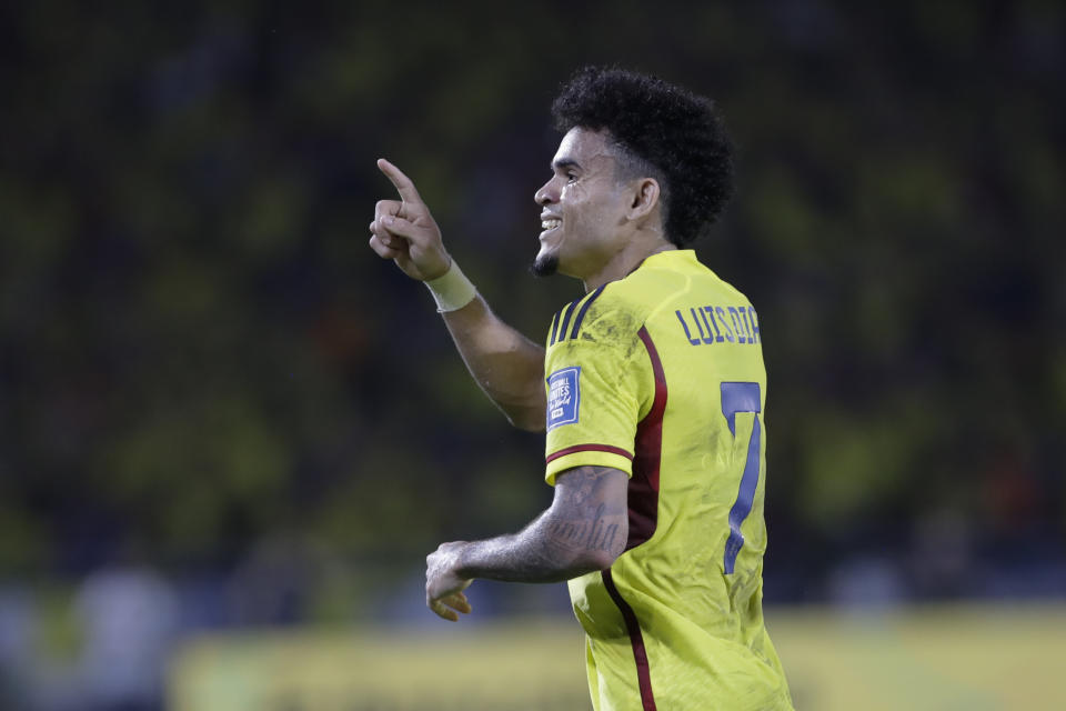 Colombia's Luis Diaz celebrates scoring his side's opening goal against Brazil during a qualifying soccer match for the FIFA World Cup 2026 at Roberto Melendez stadium in Barranquilla, Colombia, Thursday, Nov. 16, 2023. (AP Photo/Ivan Valencia)