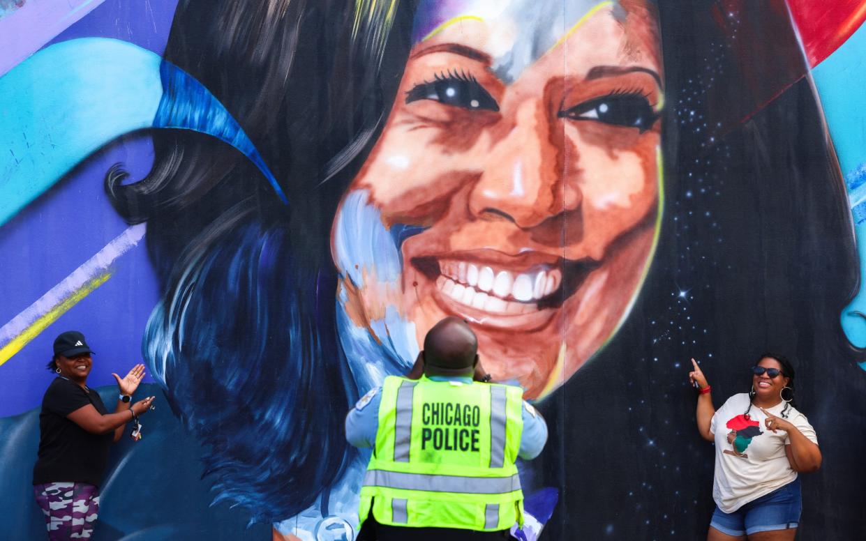 A mural in Chicago outside the United Center where the Democrats will ratify Kamala Harris's bid for the presidency