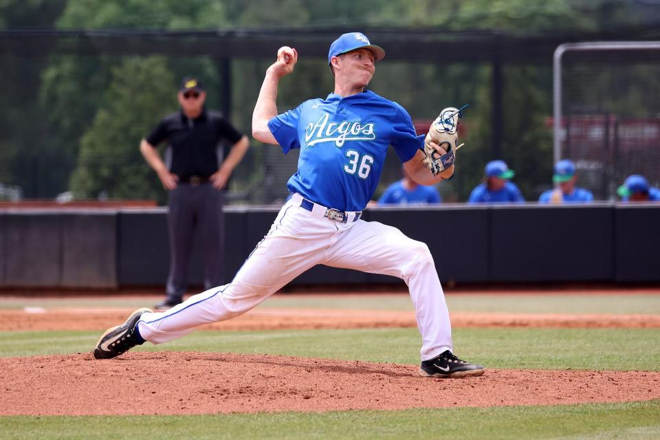 UWF pitcher Dilan Lawson fires a pitch to the plate against Delta State during the 2023 Gulf South Conference tournament on May 9, 2023 from Choccolocco Park in Oxford, Alabama.