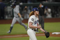 Tampa Bay Rays' Brandon Lowe celebrates a two-run home run off Los Angeles Dodgers starting pitcher Dustin May during the fifth inning in Game 2 of the baseball World Series Wednesday, Oct. 21, 2020, in Arlington, Texas. (AP Photo/Eric Gay)