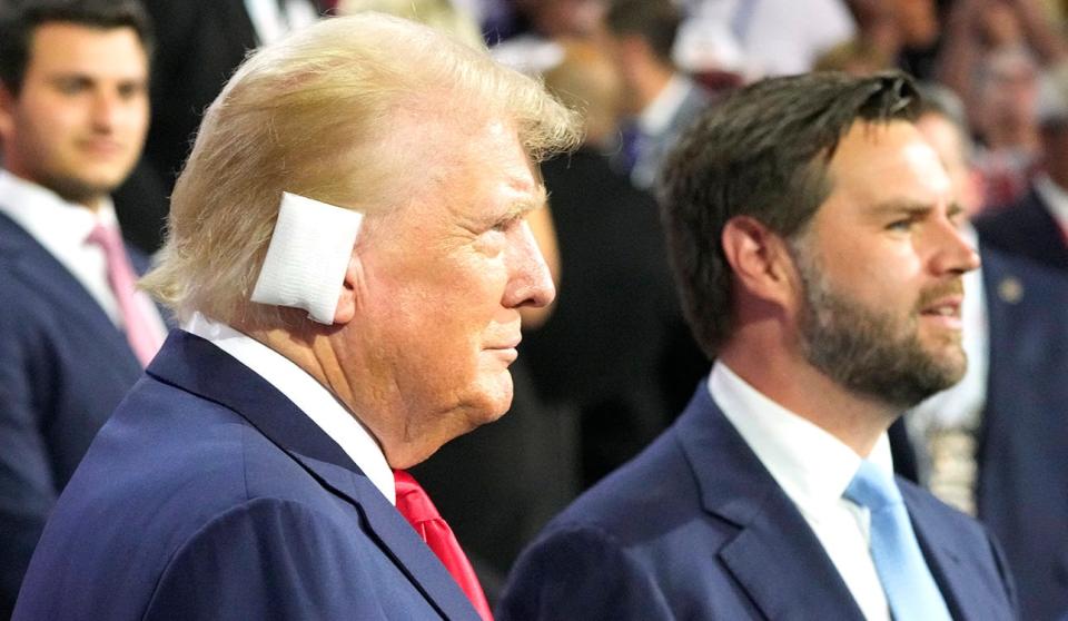 Former President Donald Trump appears with Republican vice president nominee JD Vance during the first day of the Republican National Convention. The RNC kicked off the first day of the convention with the roll call vote of the states.