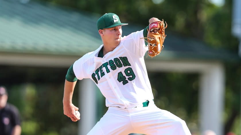 Stetson pitcher Robbie Peto (49) during an NCAA college baseball game against Florida State, Wednesday, May 8, 2019, in Deland, Fla. (AP Photo/Gary McCullough)