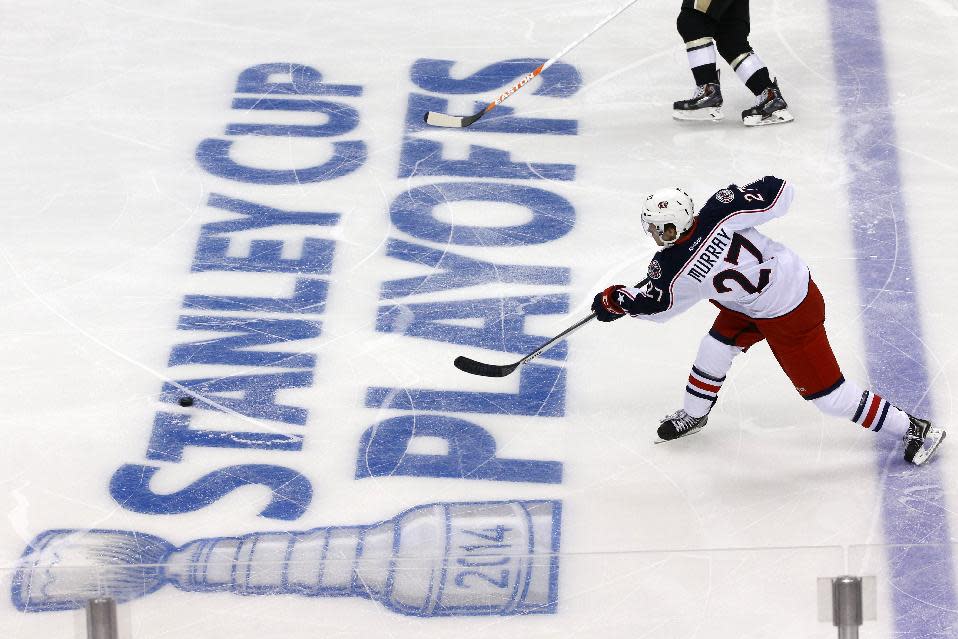 Columbus Blue Jackets' Ryan Murray (27) shoots during the first period of a first-round NHL playoff hockey game against the Pittsburgh Penguins in Pittsburgh on Wednesday, April 16, 2014.(AP Photo/Gene J. Puskar)