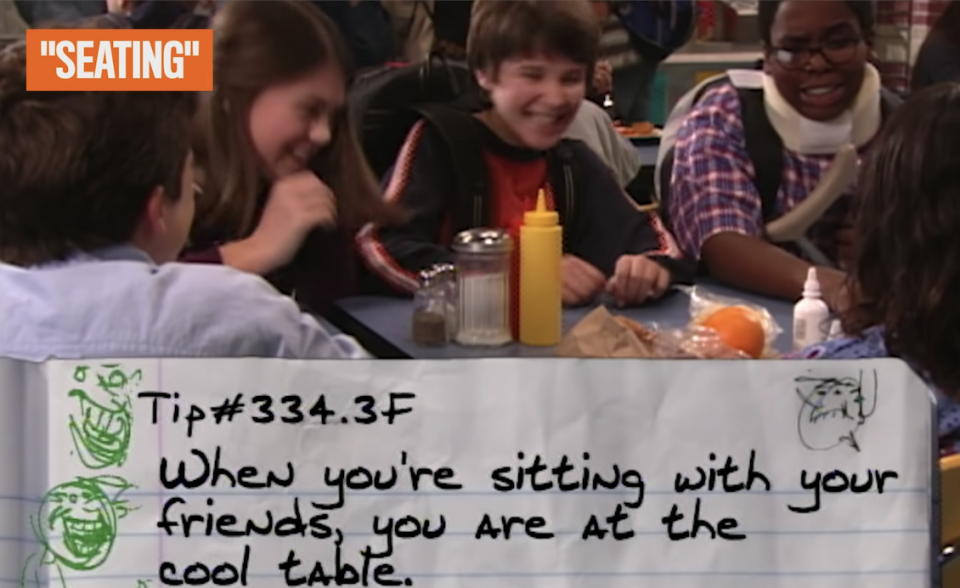 Ned and his friends laughing at their lunch table, with tip: When you're sitting with your friends, you are at the cool table