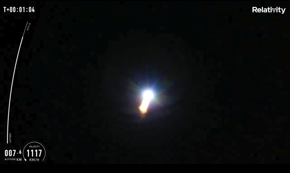 In this frame grab from livestreamed video provided by Relativity Space, Terran 1 launches from Cape Canaveral, Fla., late Wednesday, March 22, 2023. The rocket is made almost entirely of 3D-printed parts. (Relativity Space via AP)