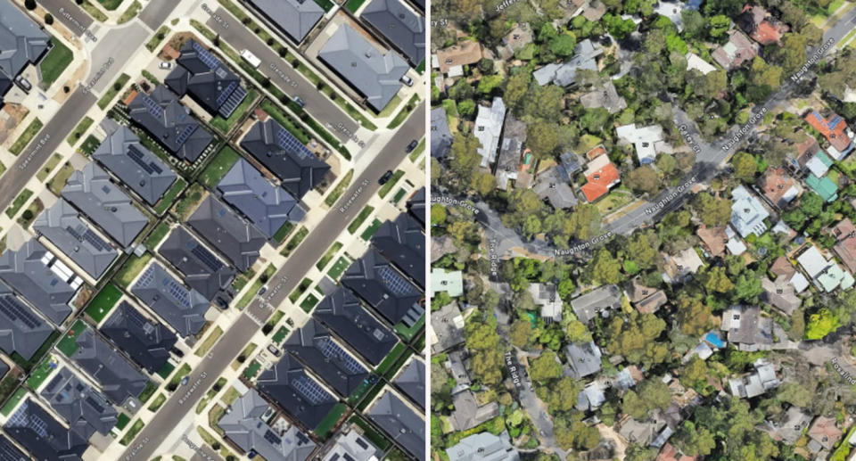 Left: An aerial photo of a housing development at Manor Lakes, Melbourne showing black roofs. Right: Established housing in the suburb of Blackburn showing plenty of trees. 