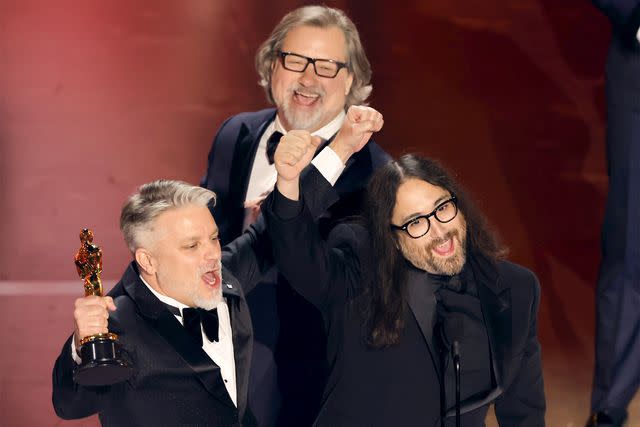 <p>Kevin Winter/Getty Images</p> rad Booker, Dave Mullins and Sean Lennon accept the Best Animated Short Film award for "War Is Over!