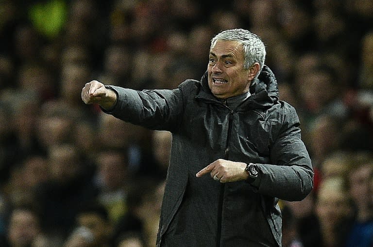 Manchester United's manager Jose Mourinho shouts instructions to his players from the touchline during the English Premier League football match between Manchester United and Everton at Old Trafford in Manchester, north west England, on April 4, 2017