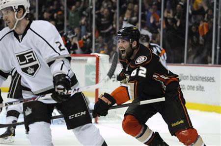 Jan 23, 2014; Anaheim, CA, USA; Anaheim Ducks left wing Pat Maroon (62) celebrates after scoring a goal against the Los Angeles Kings during the second period at Honda Center. Mandatory Credit: Kelvin Kuo-USA TODAY Sports