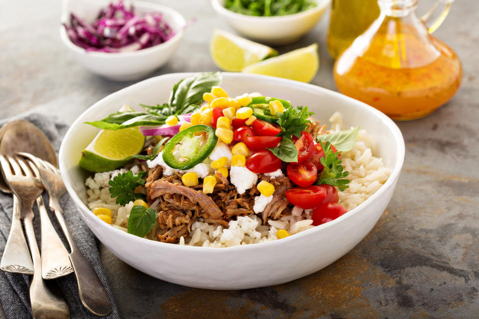 a rice bowl with several toppings