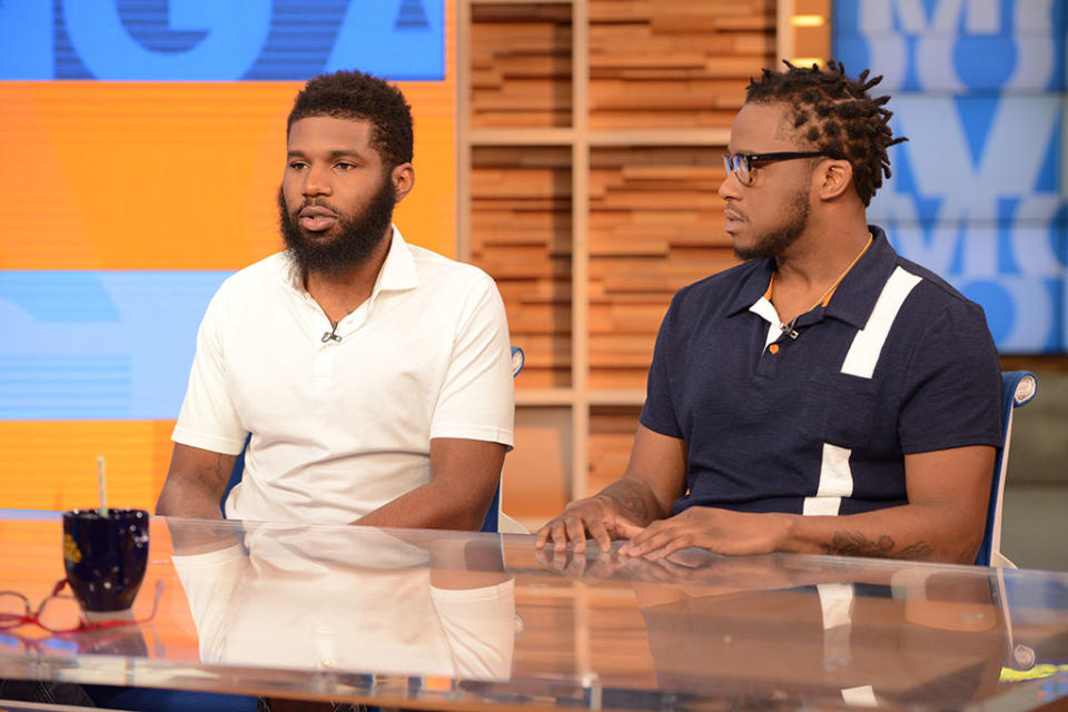 Rashon Nelson and Donte Robinson, the two men arrested at a Starbucks, tell their story on <em>Good Morning America</em> on April 19. (Photo: Lorenzo Bevilaqua/ABC via Getty Images)