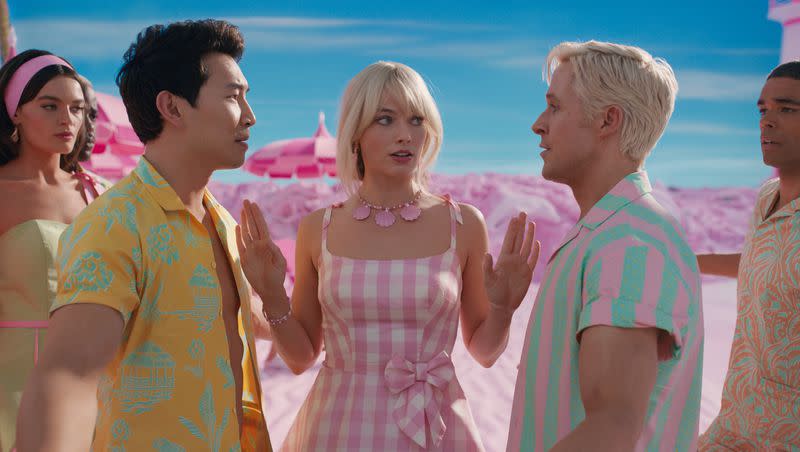 Emma Mackey as Barbie, Ncuti Gatwa as Ken, Simu Liu as Ken, Margot Robbie as Barbie, Ryan Gosling as Ken and Kingsley Ben-Adir as Ken in Warner Bros. Pictures’ “Barbie.”