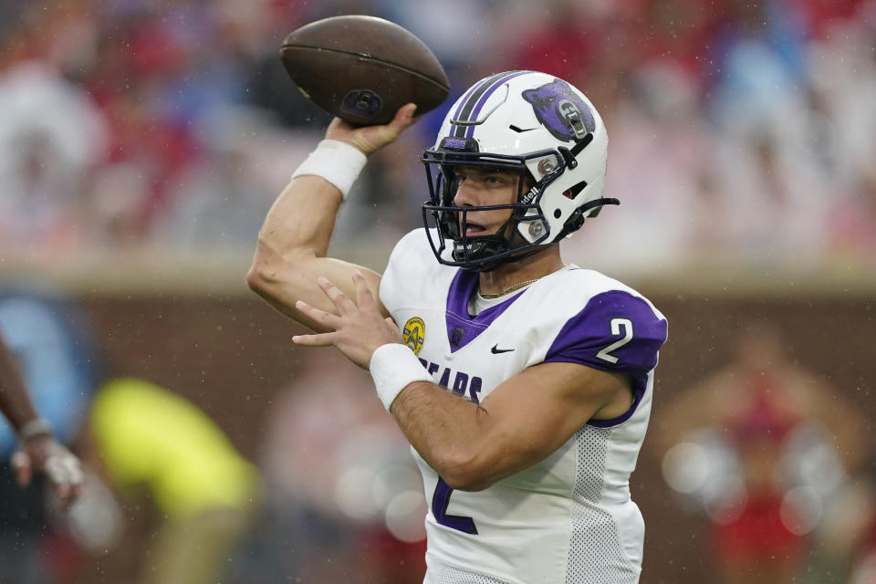 Central Arkansas quarterback Will McElvain (2) passes against Mississippi during the first half of an NCAA college football game in Oxford, Miss., Saturday, Sept. 10, 2022. (AP Photo/Rogelio V. Solis)
