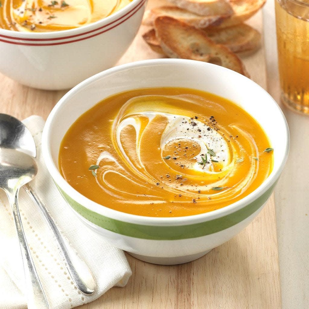 Butternut squash soup is made with roasted squash, apple and onion.