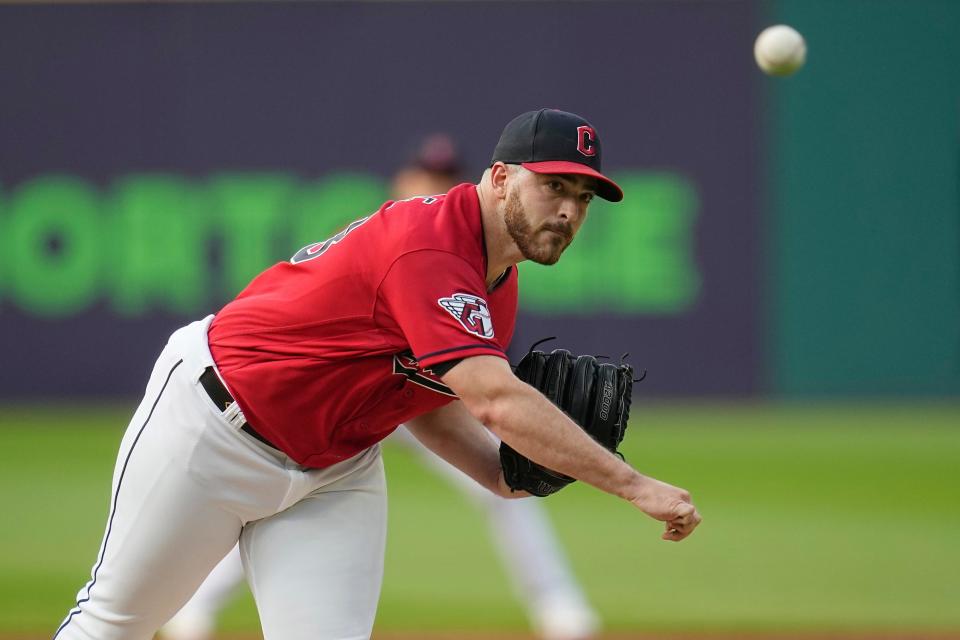 Cleveland Guardians' Aaron Civale pitches to a Kansas City Royals batter during the first inning of a baseball game Tuesday, July 25, 2023, in Cleveland. Civale was traded by the Guardians to the Tampa Bay Rays ahead of the 2023 trade deadline.