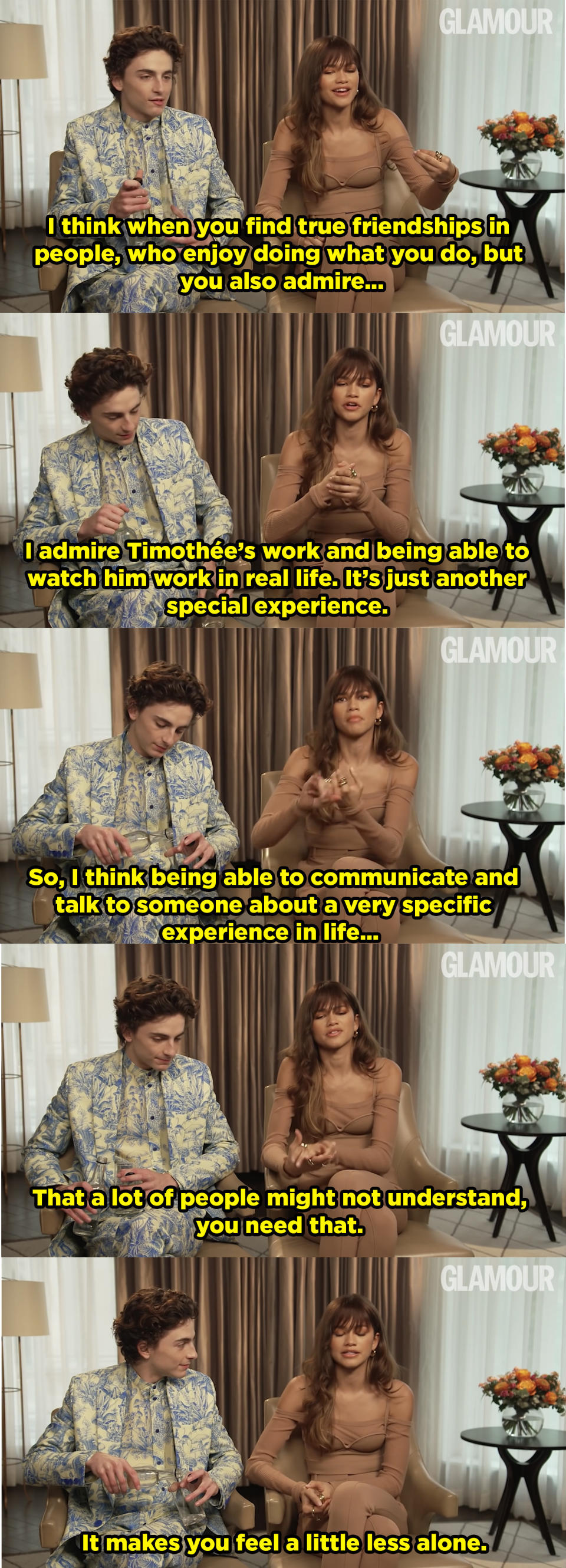 Zendaya talks about how being friends with Timmy makes her feel less alone. Meanwhile Timmy is trying to pour a glass of water without disrupting but makes it even more awkward because he's trying not to be awkward.