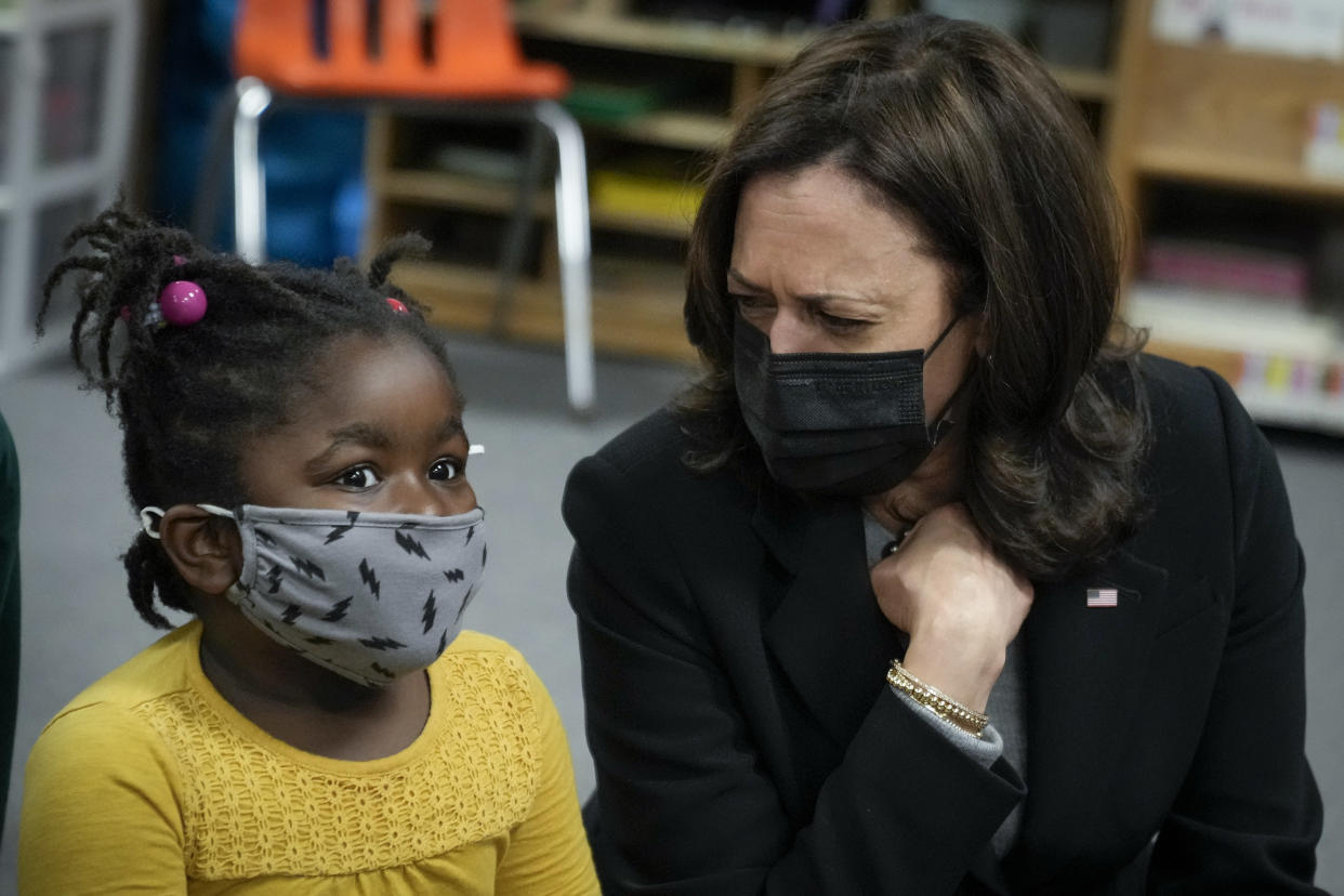 WEST HAVEN, CT - MARCH 26: U.S. Vice President Kamala Harris visits with students in a pre-school classroom at West Haven Child Development Center on March 26, 2021 in West Haven, Connecticut. Harris is traveling to New Haven, Connecticut to promote the Biden administration's recently passed $1.9 billion federal stimulus package. (Photo by Drew Angerer/Getty Images)