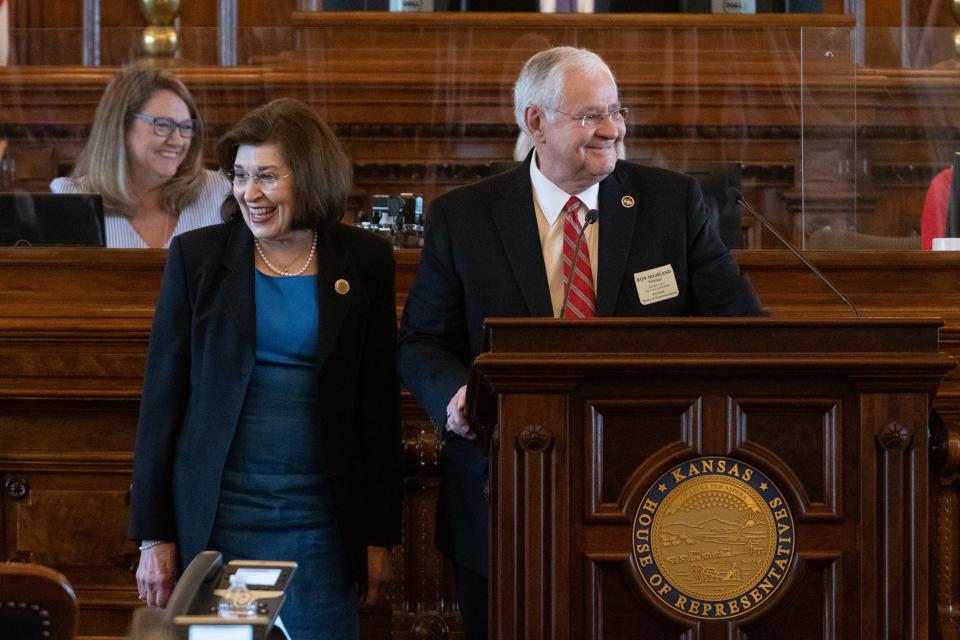 Rep. Ron Highland, R-Wamego, stands next to his wife April 25 as he announced he won't seek re-election next year.