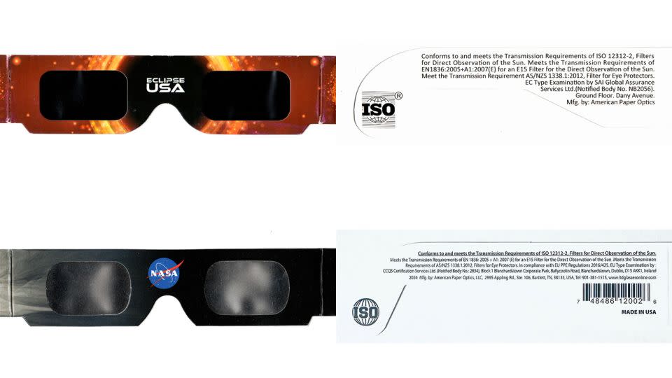 Counterfeit eclipse glasses with black lenses with straight left and right edges from China (above) are printed with text copied from genuine eclipse glasses, but the counterfeit glasses are missing the company address.  Meanwhile, true eclipse glasses from American Paper Optics (below) have reflective lenses with curved left and right edges.  - American Astronomical Society