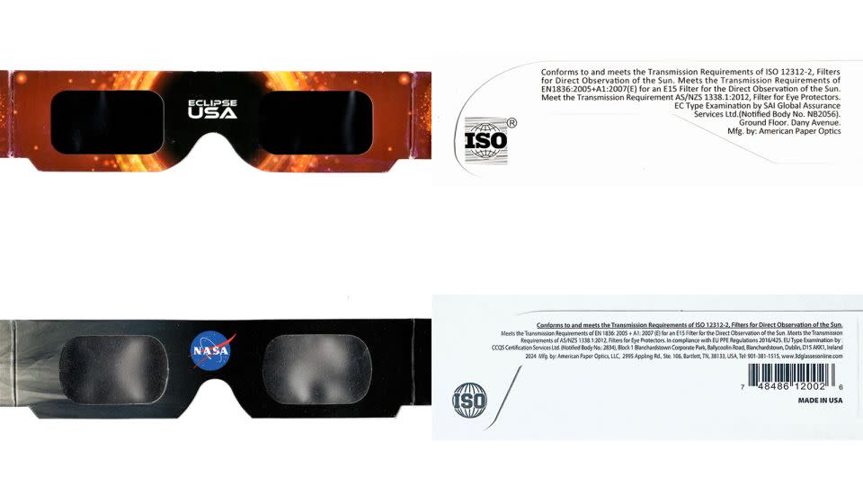 Black-lens fake eclipse glasses with flat left and right edges from China (top) are printed with text copied from real eclipse glasses, but the fake glasses are missing the company address.  Meanwhile, real eclipse glasses from American Paper Optics (below) feature reflective lenses with curved left and right edges.  - American Astronomical Society