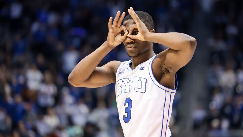 BYU guard Rudi Williams reacts during game against Gonzaga at the Marriott Center in Provo on Thursday, Jan. 12, 2023. 