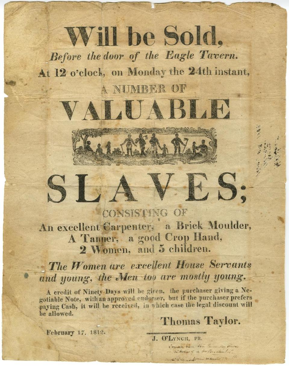 This photo of a poster provided by the Library of Virginia advertises the sale of slaves in Richmond, Va., in February 1812. The city was a slave-trading center, second only to New Orleans, in the half-century leading to the Civil War. A proposal to build a minor league baseball stadium in Shockoe Bottom, the city’s oldest neighborhood and the center of the once-thriving slave trade, has drawn criticism from some who believe the area is sacred ground and shouldn’t be bulldozed for a ballpark. The city says it will recover and display artifacts related to the slave trade. (AP Photo/Library of Virginia)