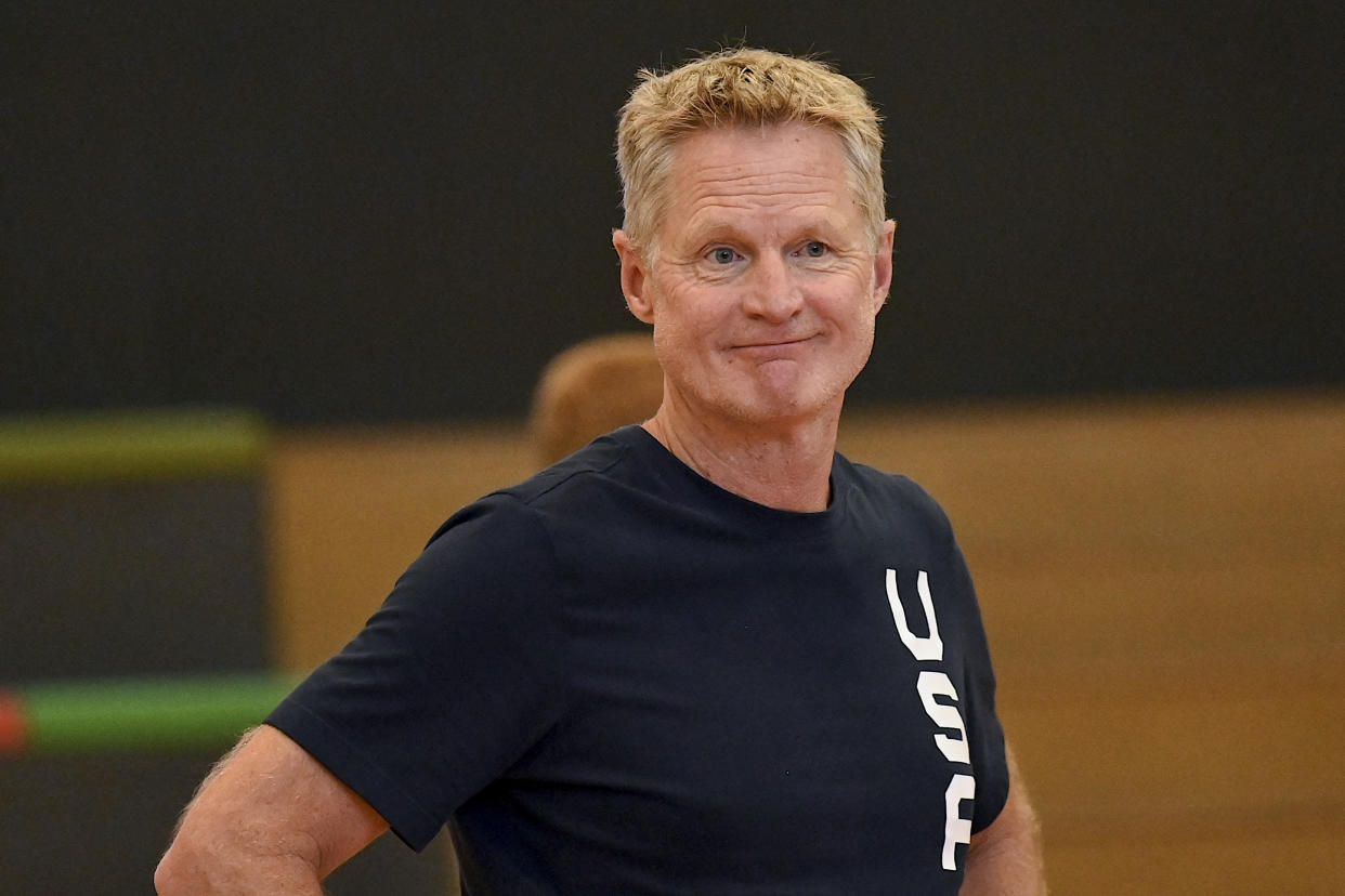 USA's coach Steve Kerr leads a training session for Team USA in Manila on September 7, 2023, ahead of the FIBA Basketball World Cup semifinal match against Germany. (Photo by JAM STA ROSA / AFP) (Photo by JAM STA ROSA/AFP via Getty Images)