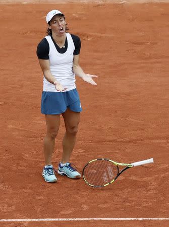 Tennis - French Open - Roland Garros - Francesca Schiavone of Italy vs France's Kristina Mladenov Paris, France - 24/05/16. Francesca Schiavone reacts. REUTERS/Gonzalo Fuentes