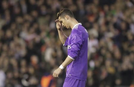 Football Soccer - Valencia v Real Madrid - Spanish La Liga Santander - Mestalla stadium, Valencia, Spain, 22/02/17 Real Madrid's Cristiano Ronaldo reacts during the match. REUTERS/Heino Kalis