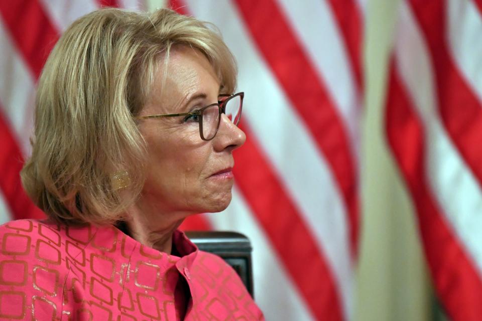 US Secretary of Education Betsy DeVos attends the "Getting America's Children Safely Back to School" event in the State Room of the white House in Washington, DC, on August 12, 2020. (Photo by Nicholas Kamm / AFP) (Photo by NICHOLAS KAMM/AFP via Getty Images)