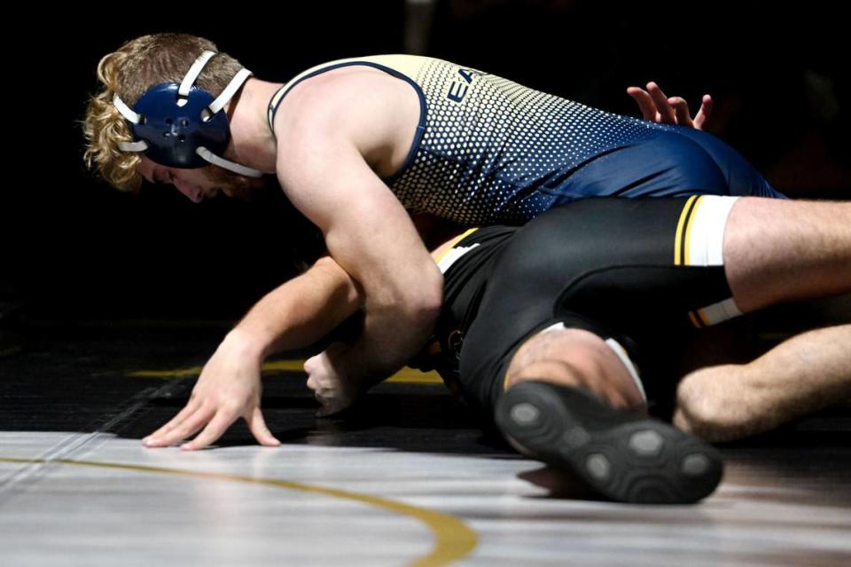 Bald Eagle Area’s Cameron Dubbs controls Quaker Valley’s Chris Brown in the 189 lb bout of the match on Monday, Feb. 5, 2024.