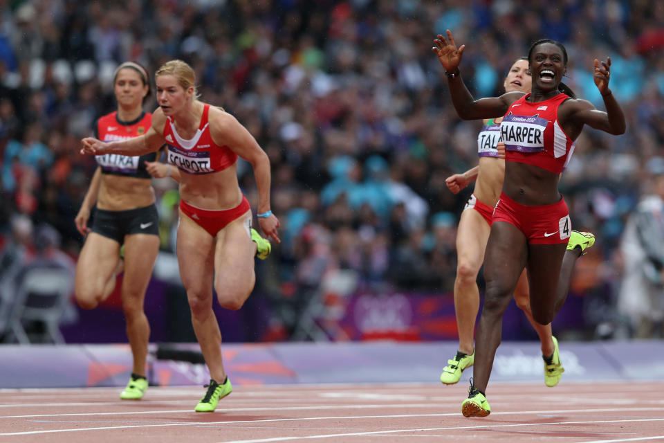 Dawn Harper of the United States leads the pack in the Women's 100m Hurdles Semifinals on Day 11 of the London 2012 Olympic Games at Olympic Stadium on August 7, 2012 in London, England. (Photo by Streeter Lecka/Getty Images)
