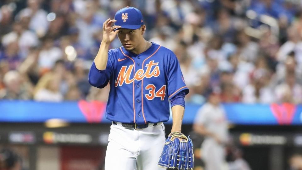 Jul 27, 2023; New York City, New York, USA; New York Mets starting pitcher Kodai Senga (34) walks off the mound after retiring the side in the fourth inning against the Washington Nationals at Citi Field.