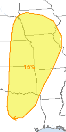 The National Weather Service's Storm Prediction Center on Monday made public this graphic illustrating its prediction of a 15% chance of severe storms developing Friday within 25 miles of any location in the area shown in yellow on this map, which includes the eastern half of the state of Kansas.