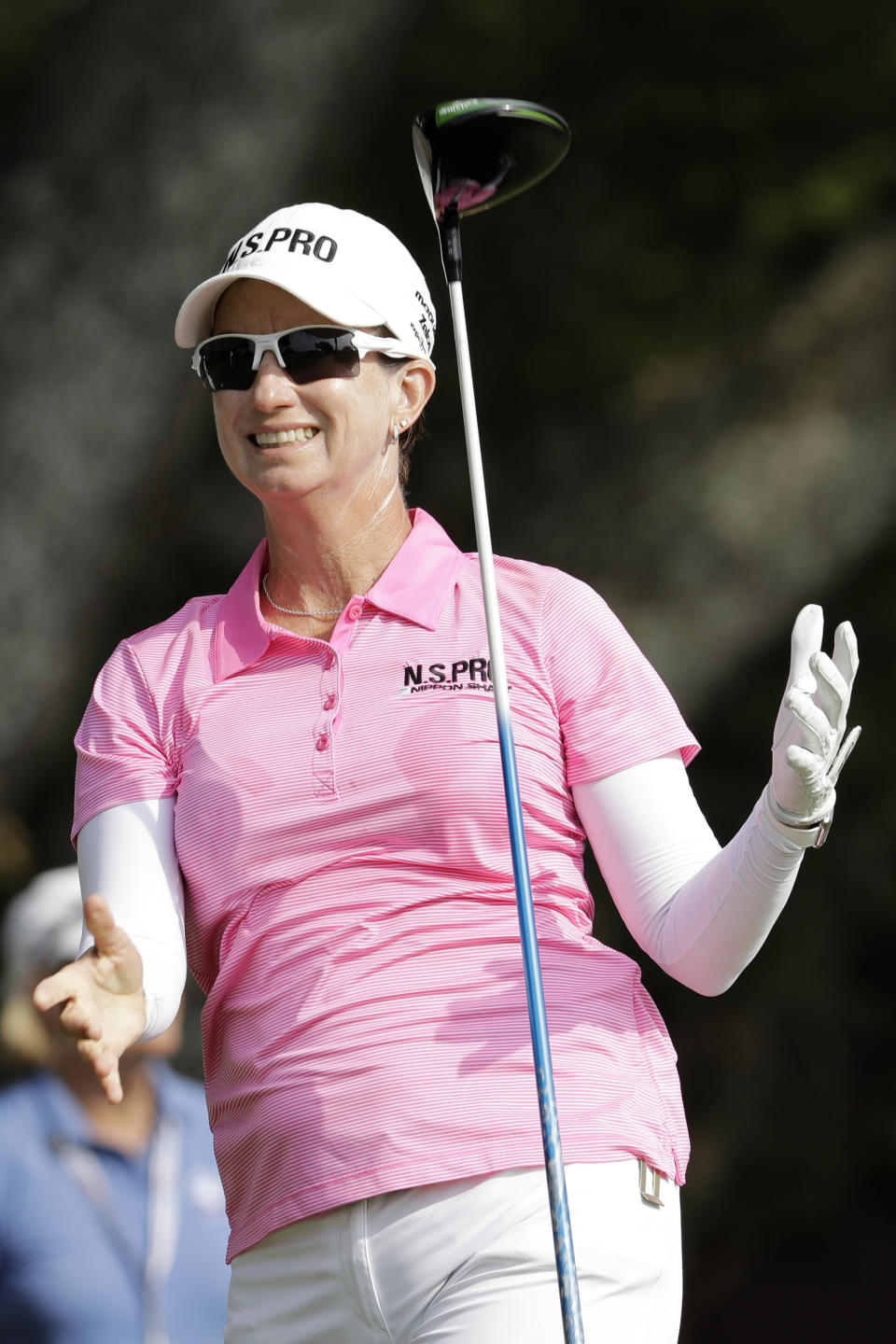 Karrie Webb of Australia, reacts to her shot on ther 15th tee during the second round of the U.S. Women's Open golf tournament, Friday, May 31, 2019, in Charleston, S.C. (AP Photo/Steve Helber)