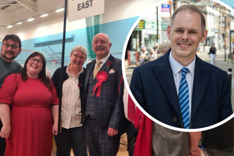 Main image: Cllr Mike Smith and Labour campaigners after he defeated Leigh's only Conservative councillor. Inset: Leigh's Conservative MP James Grundy