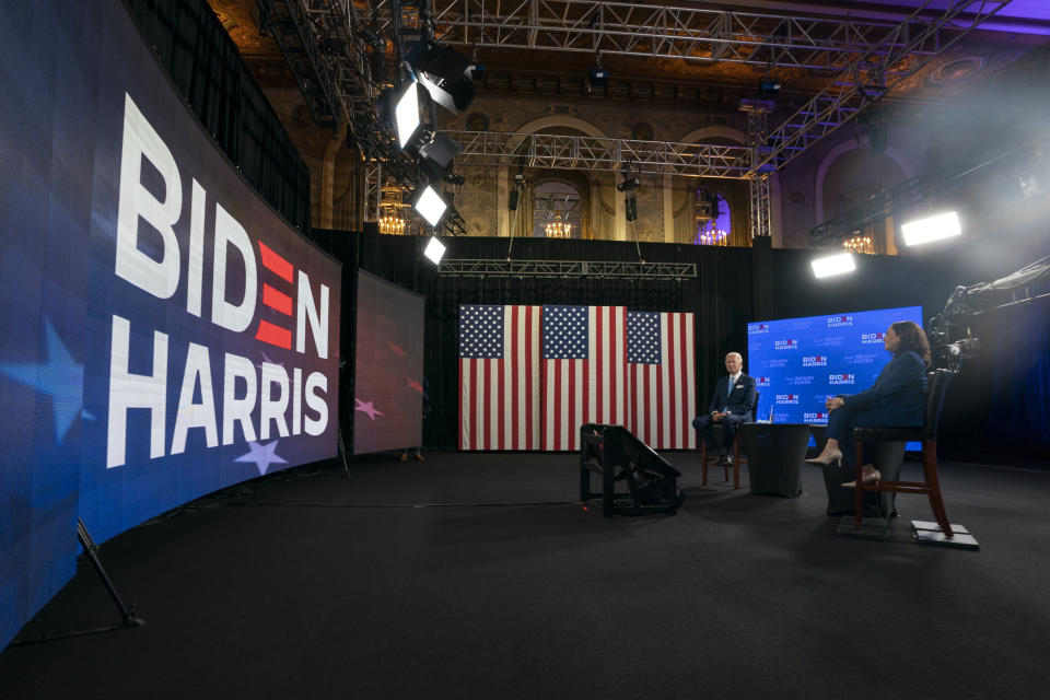 Democratic presidential candidate former Vice President Joe Biden and his running mate Sen. Kamala Harris, D-Calif., participate in a virtual grassroots fundraiser at the Hotel DuPont in Wilmington, Del., Wednesday, Aug. 12, 2020. (AP Photo/Carolyn Kaster)