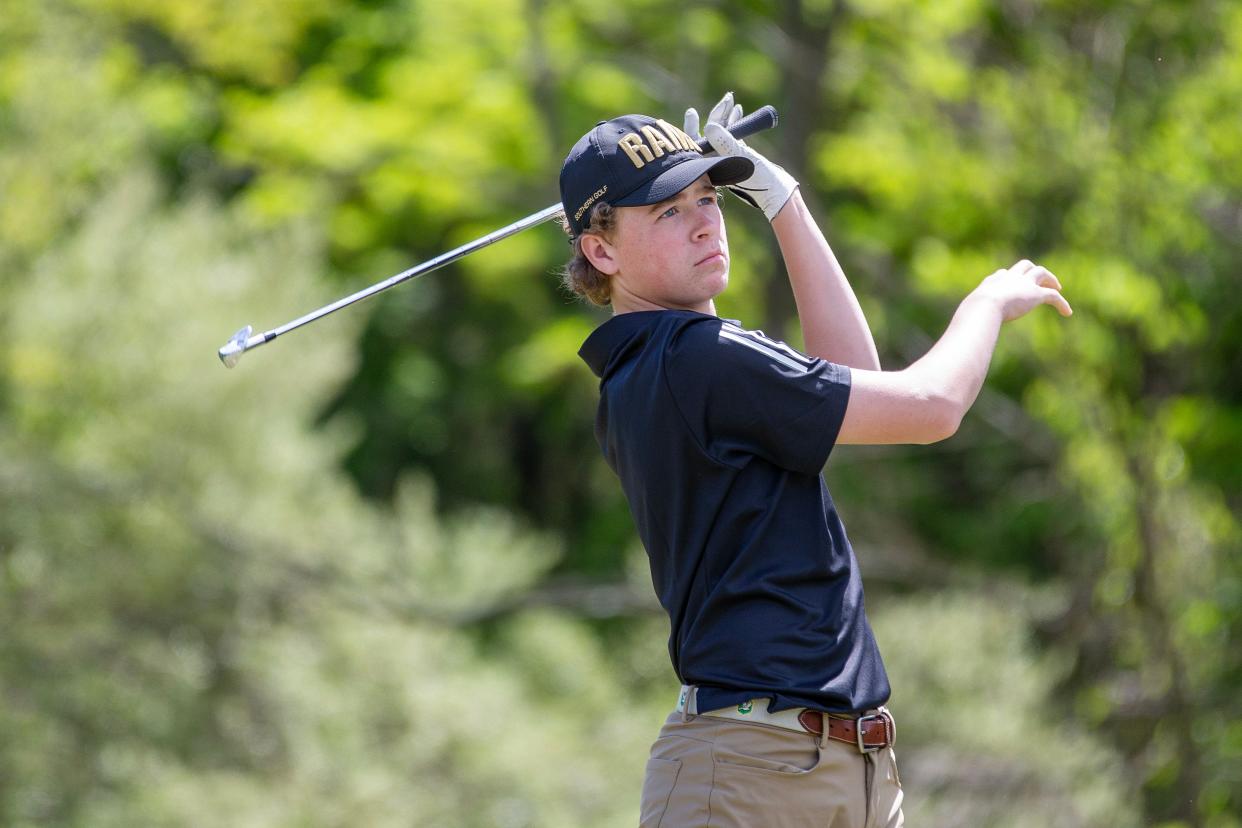 Southern Regional's Paul Reilly competes during the Shore Conference Championship at Charleston Spring Golf Course in Millstone Twp., NJ Wednesday, April 24, 2024.